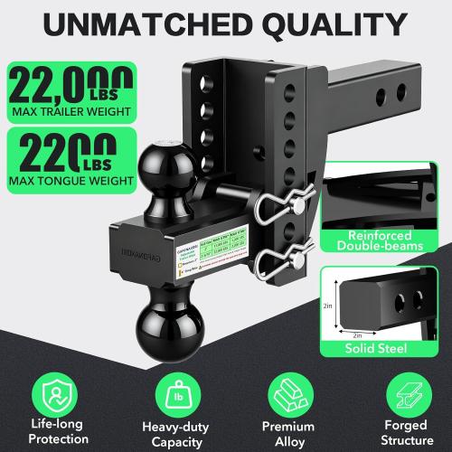Adjustable Trailer Hitch for 2 Inch Hitches Receiver, Extra Heavy Duty 22,000 LBS Towing Weight, 2'' & 2-5/16'' Tow Dual Ball, 4'' Drop/Rise, Bulletproof Pin Lock, Anti Rust, Anti Rattle, Black