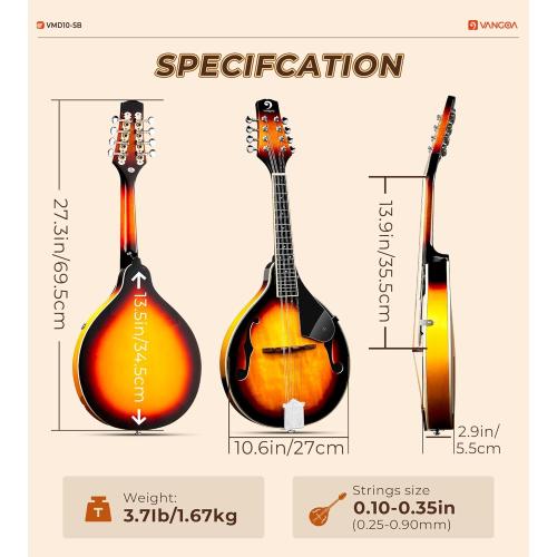 Vangoa Mandolin Musical Instrument A Style, Acoustic Mandolin Instrument Kit Italian 8 String for Professional Beginners Adults Teens Youth Kids, Sunburst, Glossy