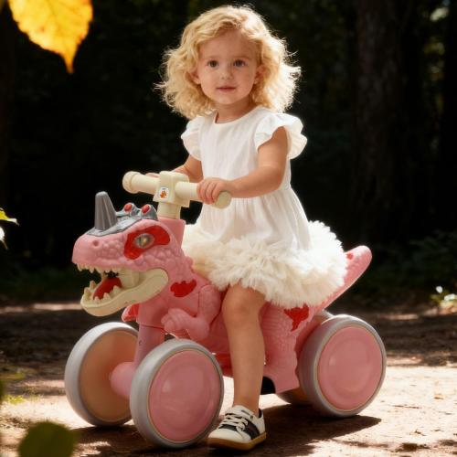 Color green Dinosaur Balance Bike for 1-3 Year Olds, Toddler 4-Wheel No-Pedal Walker Scooter with Music & Mist Spray Effects, ASTM Certified First Birthday Gift for Boys & Girls