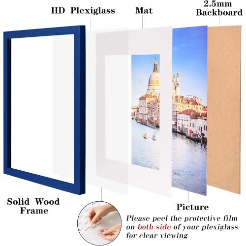 wyooxoo 9x12 Picture Frame Made of Solid Wood Photo Frame Display Pictures 6x8 with Mat or 9x12 Without Mat For Table top Display or Wall, Dark Blue, 1 Pack