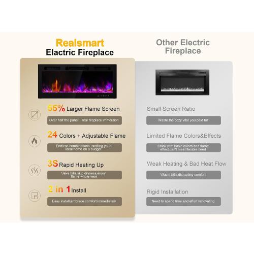 Electric Fireplace Insert 36 Realsmart 1500W Wall Mounted Fireplaces Recessed Heaters Remote Control Slim Black Fireplace Touch Screen Timer 12 Flame Colors LED Decor Low Noise