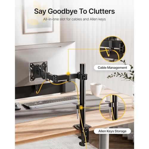 monTEK Single Monitor Stand for 17-32 inches Screen, Fully Adjustable Monitor Arm Desk Mount up to 22lbs Capacity, Computer Mount with C Clamp and Grommet Base, Max VESA 100x100mm