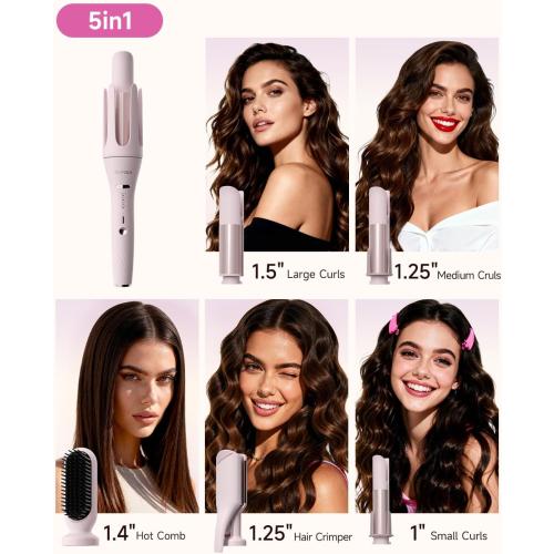 5 in 1 Auto Curling Iron Set with Interchangeable Barrels - 1, 1.25, 1.5 Curling Wand, Hair Crimper & Straightening Brush, Rotating Ceramic Curler, 3 Temp, Dual Voltage, Anti-Scald, Pink