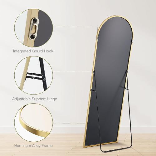 Sweetcrispy 64x21 Arched Full Length Mirror, Standing or Leaning Full Body Mirror with Aluminum Alloy Thin Frame, Suitable for Bedroom or Cloakroom,Gold