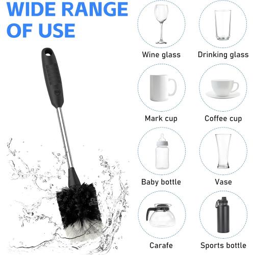 SetSail Bottle Brush of 3 Pack, 13-in Long Stainless Steel Handle Water Bottle Cleaner Brush Non-Slip Grip Bottle Brushes for Cleaning Water Bottles Sport Bottles Coffee Mugs Glasswares Cups, Black
