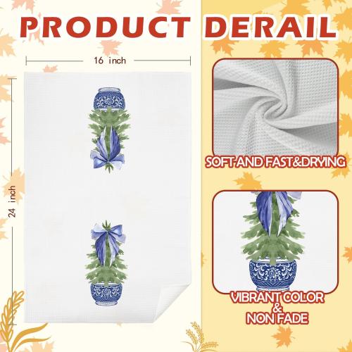 Chinoiserie Christmas Tree Hand Towels, Blue and White Porcelain - 16x24 Inch, Bathroom and Kitchen Decor