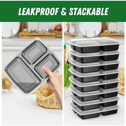 50 Pack (100-Piece) 32 oz Meal Prep Containers Reusable with Lids 3-Compartment, To Go Take Out Plastic Food Storage Containers, Sturdy Leakproof Food Safe, Microwave Freezer Dishwasher Safe, Black