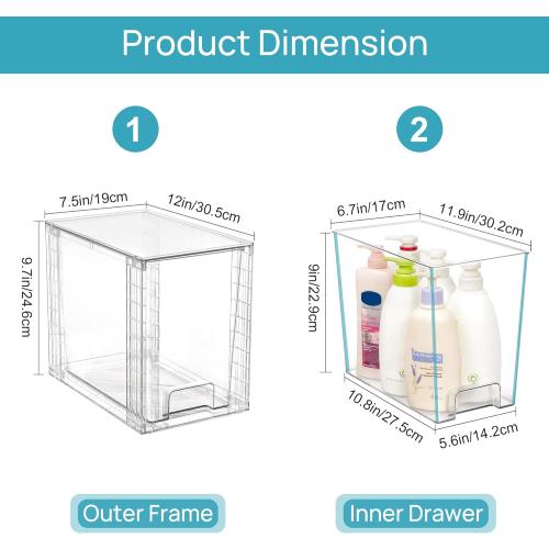 Vtopmart 4 Pack Clear Stackable Storage Drawers,9.7 High Plastic Organizers Bins for Skincare, Bathroom Supplies,Ideal for Cabinet,Undersink,Vanity,Kitchen,Pantry Organization