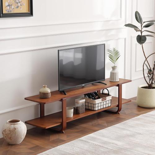 Welnow Low Bamboo TV Stand for 65 Inch TV, 2-Tier Open Shelves, Walnut | Modern Entertainment Center,Open Shelf for Gaming Consoles and Soundbar,Media Console Table for Living Room, Bedroom