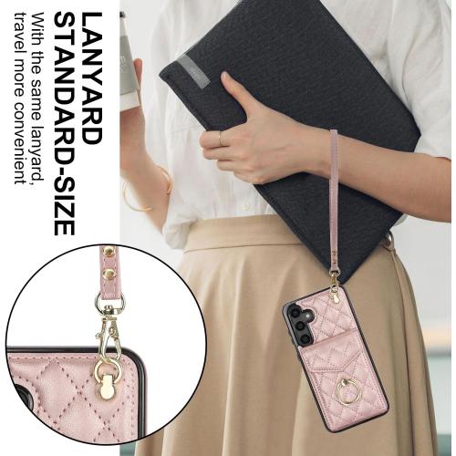 Color rose gold Asuwish Phone Case for Samsung Galaxy S23 FE 5G Wallet Cover with Tempered Glass Screen Protector and Crossbody Wrist Strap Ring RFID Blocking Credit Card Holder Cell S 23 EF S23FE 23S Women Rose Gold