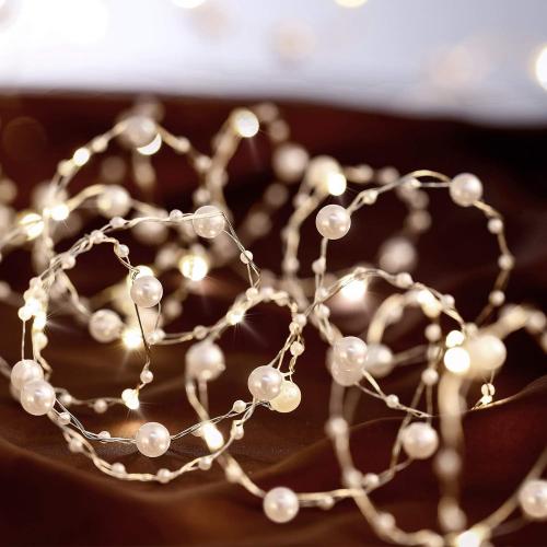 Ocean Pearl Beads String Lights, 10 ft 40 LED Lights Battery Powered with 8 Flicker Modes, Remote and Timer for Wedding, Bridal Shower, Birthday Parties, New Year, DIY Home Table Party Decoration