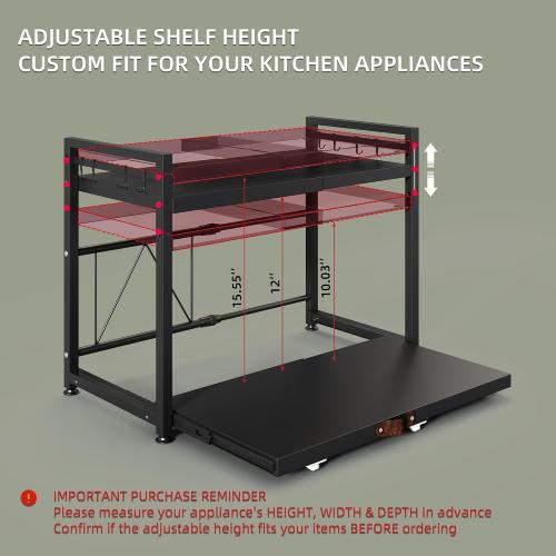 NETEL Expandable Microwave Stand countertop,2 Tier Metal Kitchen Countertop Organizer Shelves with 8 Hooks,Bakers Rack,Microwave Shelf with Drawers and Cup Holders,55lbs Weight Capacity,Black