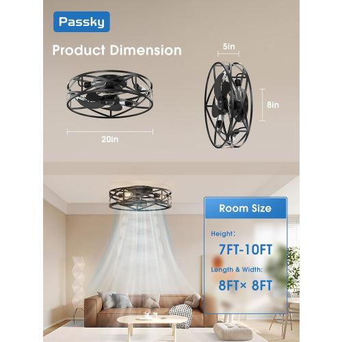 Black 20 Fandelier Ceiling Fan with Light, Caged Bladeless Ceiling Fans with Remote, Farmhouse Flush Mount Fan for Bedroom, Kitchen, Living Room, Black