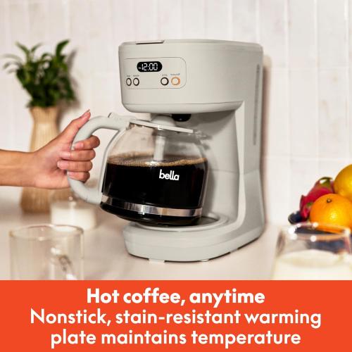 BELLA 12 Cup Programmable Coffee Marker, Reusable Dishwasher Safe Accessories, Easy LCD diaply, Auto Shutoff, 900 watt, Oatmilk