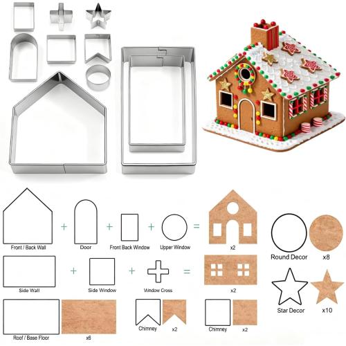 10Pcs Gingerbread House Cookie Cutters Set for Christmas Winter Holiday Baking and Decoration, Stainless Steel 3D Gingerbread House Kit for Kids Adults, Gift Package