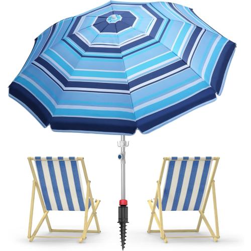 BLUE AND WHITE 7ft Heavy Duty High Wind Beach Umbrella Parasols with sand anchor & Tilt Sun Shelter, UV 50  Protection Outdoor Sunshade Umbrellas Carry Bag for Patio Garden Pool Backyard Stripe Blue insert completely into the sand