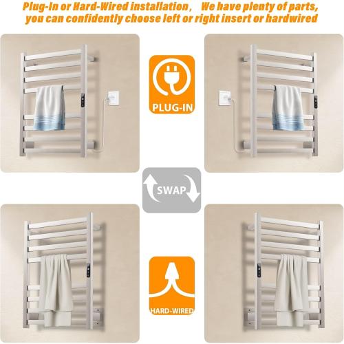 Towel Warmer Brushed Heated Towel Rack for Bathroom Wall Mounted Electric Towel Dryer Rack with Temperature Control and 24 Timer Plug-in/Hardwired