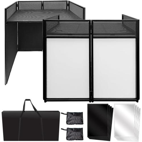 AxcessAbles Portable DJ Facade Booth with Black and White Lighting Scrims, Carry Cases | Standing DJ Table - 40 x 20 | DJ Controller Stand | Recording Mixer Stand | DJ Booth (ES-01)