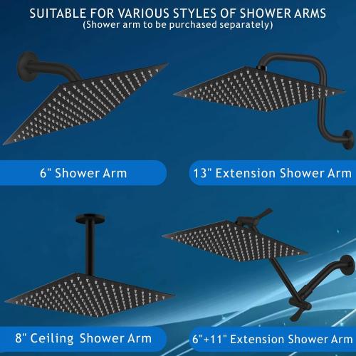 Voolan Rain Shower Head - High Flow Large Rainfall Shower Heads Made of Stainless Steel - Waterfall Bathroom Square Showerhead - Ceiling or Wall Mount (12 Black)