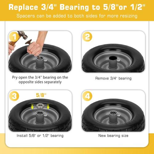 11x6.00-5 Flat Free Tire,2 Pack Tires for Zero Turn Mower With 3/4 & 5/8 & 1/2 Bearing,6-8 Centered Hub,11x6.00-5 Lawn Mower Tires with Bearing,Load 400lbs