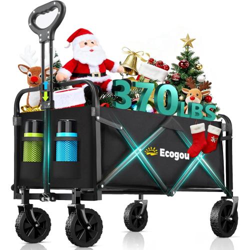 Collapsible Wagon with Wheels, 370lbs Weight Capacity Foldable Beach Wagon with Flexible Handle Portable Utility Wagon Cart for Outdoor, Grocery, Garden, Camping