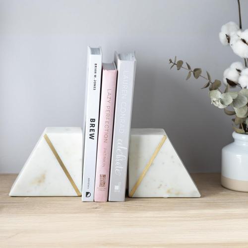 2 Pack White Marble and Gold Cork & Mill Marble Book Ends for Shelves, Decorative Bookends for Heavy Books, Unique Mid Century Modern White and Gold Bookends with Brass Inlay, Heavy Duty Bookshelf Stopper, Set of 2