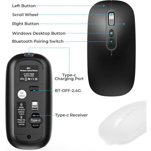 RaceGT USB C Wireless Mouse, Rechargeable Dual-Mode Mouse(Type-c and Bluetooth), Silent Bluetooth Mice for MacBook Air/Pro, Slim Portable Travel Mice for iPad Mac Laptop PC Computer