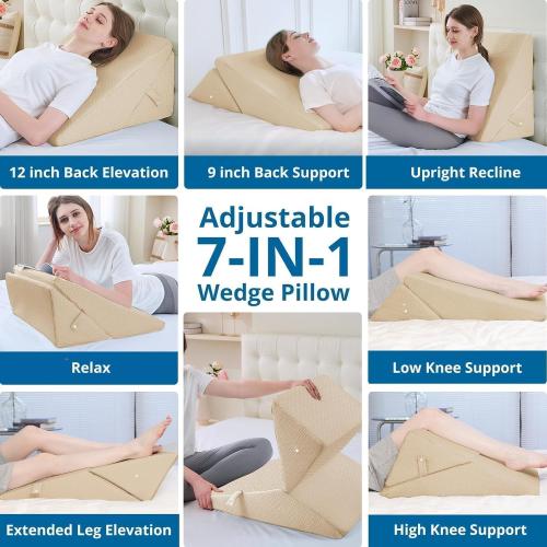 Sasttie Wedge Pillow Headboard, Adjustable Bed Wedge Pillow for After Surgery, Sleeping, Acid Reflux, Neck Pain, Back Pain, and Surgery Recovery, Beige