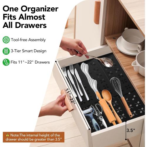 Spice Drawer Organizer 3-Tier Expandable (11-22 Wide), Spice Rack for Cabinet with Funnel & Spice Labels, Fits Large Jars, Seasoning Storage Insert Design for Cabinet & Drawer (Black)