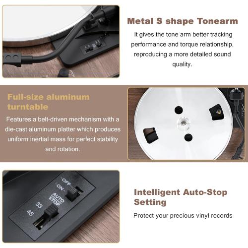 Color Brown and Black LP&No.1 Vinyl Record Player with Built-in Speakers, Vinyl Turntable with Magnetic Cartridge, Wireless,USB Recording and Playback,BT Out, Aux-in, Headphone Output,Auto Off, AT-3600L, 2-Speed Player