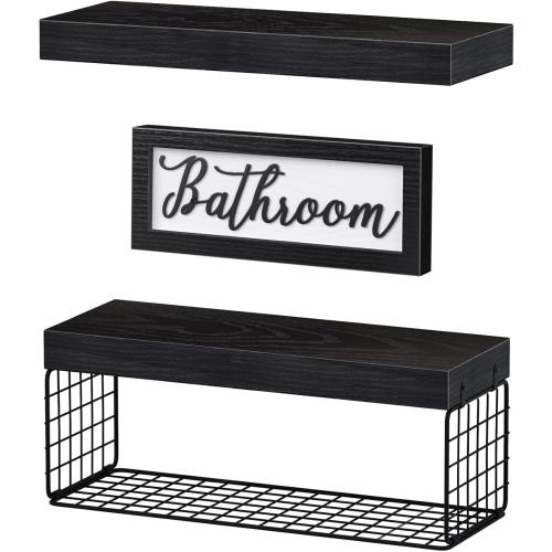 QEEIG Bathroom Shelves Over Toilet - Paper Storage Wall Mounted Farmhouse Decor Decorations Aesthetic Décor Sign Small Floating Shelf 2 1 Set 16 inch, Black (020B)
