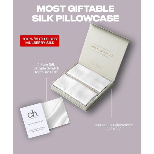 SUNDAYSILKS™ | Silk Pillow Cases 2 PACK | 22 Momme Mulberry Silk Pillowcase Set of 2 | All Sides 100% Pure Silk Slip Pillowcases Bliss for Couples with Zipper, 6A Standard Queen, King Size [Off White]