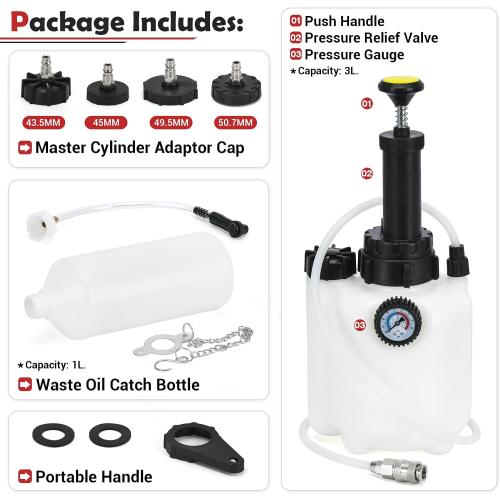 3L Manual Brake Bleeder Fluid Pump with 1L Brake Bleed Bottle and 4 Master Cylinder Adapters,Professional Brake Bleeder Kit Suitable for Most Brake Mast Cylinder Reservoirs