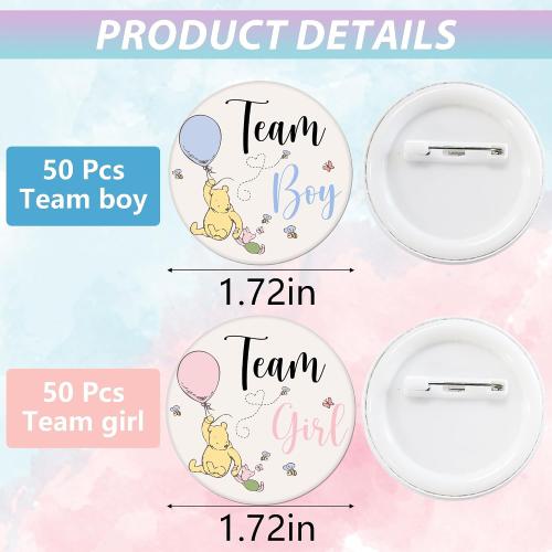 50 Pcs Classic Pooh Gender Reveal Buttons - 25 Team Boy & 25 Team Girl Pins, 1.7 Blue Pink Badges for Winnie Baby Shower Party Favor Game