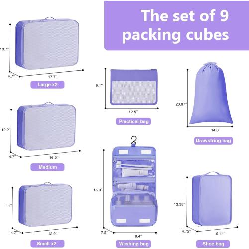 Packing Cubes for Travel - 9 Set Large Travel Cubes Luggage Organizer Bags Set With Laundry Bags/Shoe Bag/Toiletry Bag (Purple)