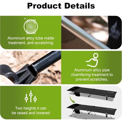 Ultra-Light Compact Camping Cot for Adults & Kids, Foldable Sleeping Design with 2-in-1 Height Adjustment, Portable Travel Style Supports 300 lbs, 75x26x15.8 Inches, Black | Flyernature