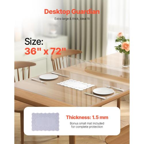 VEVOR  Large Clear Table Cover Protector, 1.5mm Thick PVC Plastic Tablecloth, Waterproof & Oil Spill Proof, Customizable Rectangle Table Cover for Writing Desk, Coffee Table, Dining Room Table