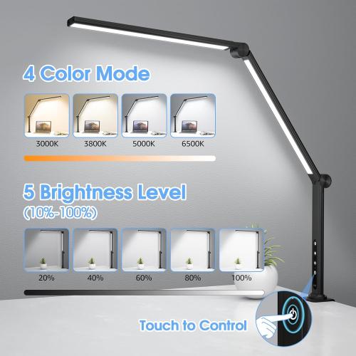Black ShineTech LED Desk Lamp with Clamp, Architect Lamp for College Dorm & Home Office, Dual Lights with 4CCCT & 5 Brightness Levels for Sewing, Studying, Working