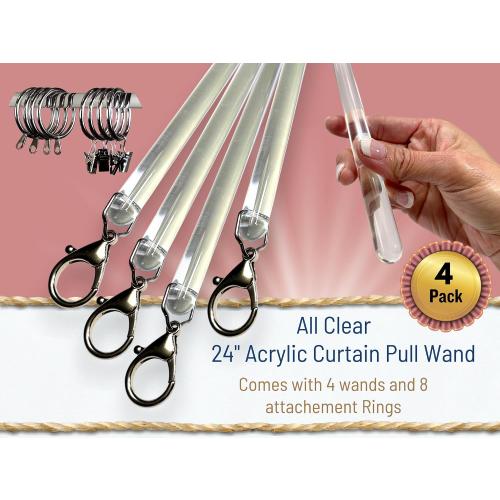 24 inch (4 Pack) All Clear Acrylic Curtain Pull Wand - Clear Curtain Wand - Invisible Drapery Wand - Drapery Pull Rod (24 Inch)