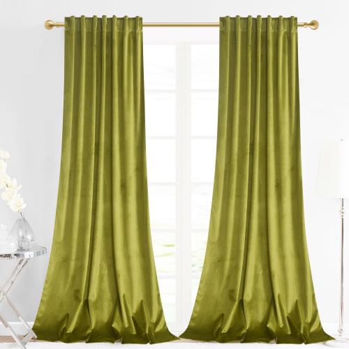 Olive Green Velvet Back Tab Curtains 108 inches Long, Block Light Thermal Insulated Window Drapes Panels for Living Room, W52 x L120, 2 Panels