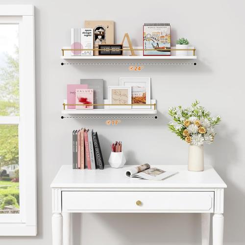 Forbena 24 Inch Bathroom Floating Shelves for Wall Set of 3, Gold Bathroom Shelves Over Toilet Wall Mounted with Rail, Decorative Hanging Shelf for Bedroom Office Living Room Decor (White and Gold)