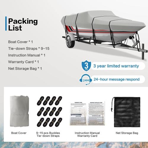 Light Grey Trailerable Boat Cover, 600D Solution-Dyed Bass Boat Cover, Heavy Duty 100% Waterproof Boat Covers Fits V-Hull Runabout Fishing Ski Pro-Style Bass Boats
