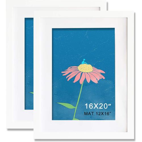 16x20inch Picture Frame 2 Pack White Solid Wood Display Pictures 12x16 with Mat or 16x20 Wall Without Mounting Photo Frames（2pcs）
