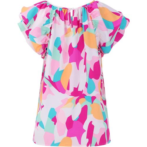 Size XL Women's Personalized Abstract Non Positioning Print Set Head Ruffle Short Sleeve Tunic