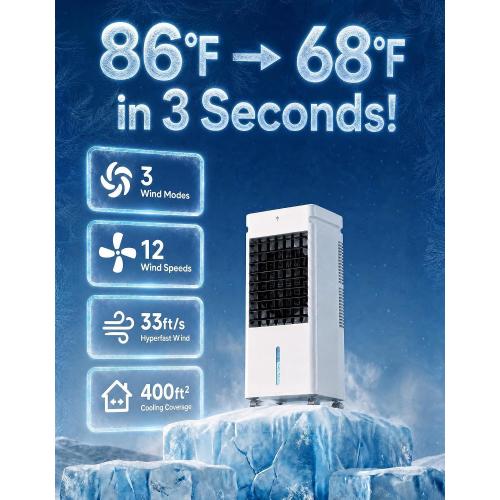 Portable Air Conditioners, 3 Wind Moodes, 12 Wind Speeds, XL Water Tank with 8 Ice Packs, Wide Oscillation, Air Conditioner Portable Swamp Personal Air Conditioner Room Bedroom
