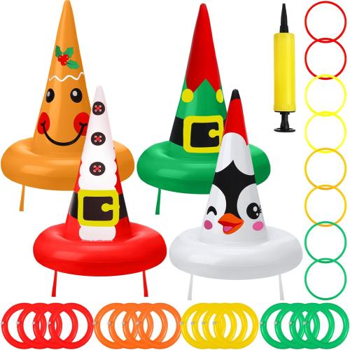 Christmas Ring Toss Games Set Inflatable Hat Ring Toss Game with Air Pump for Adults Family Party Indoor Outdoor Toys Gifts
