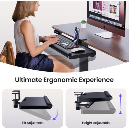 Klearlook Upgraded Adjustable Keyboard Tray for Above Desk & Under Desk Use - Ergonomic Sit-Stand Keyboard Riser with 360° Rotation, 24.4×10 Keyboard Stand with Wrist Rest & Storage Drawer - Black