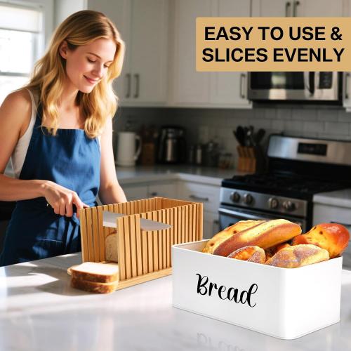 Bread Box with Bread Slicer Storage Container for Kitchen Countertop Food Storage with Multifunction Bamboo Lid, 3 in 1 Breadbox Removable Cut Board for Loaf Slicing (White,Wood, Metal,Bamboo)