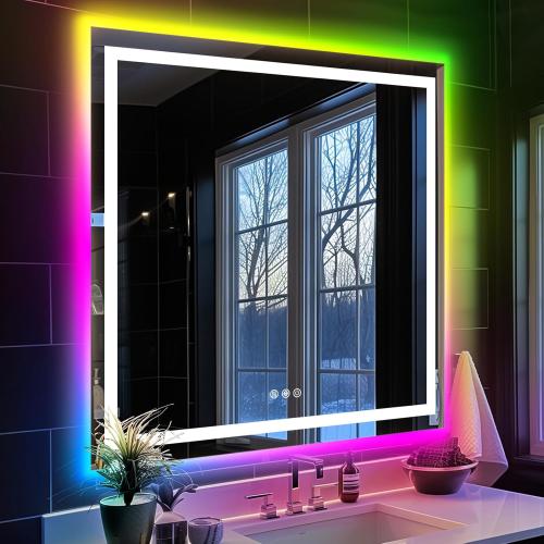 36x36 Inch RGB LED Bathroom Mirror Front Light LED Bathroom Mirror with 3 Colors, Vanity Mirror with Lights, Anti-Fog Wall Mounted, Dimmable Touch Switch Control, Memory Front and Backlit Smart Mirror