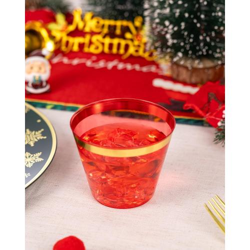 Goodluck 50PCS 9oz Red and Gold Plastic Cups for Party, Disposable Gold Rim Cups, Plastic Cocktail Glasses for Wedding Thanksgiving, Christmas, and Parties